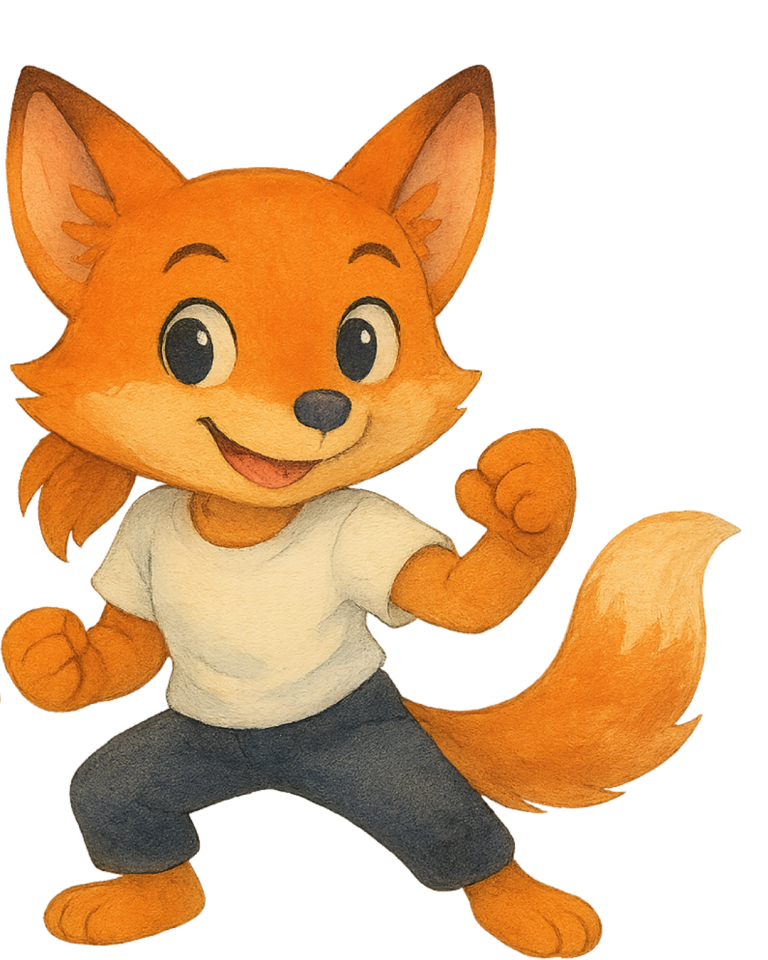 Fuchs Ein fröhlicher, orangefarbener Fuchs in T-Shirt und Hose, bereit für Action.