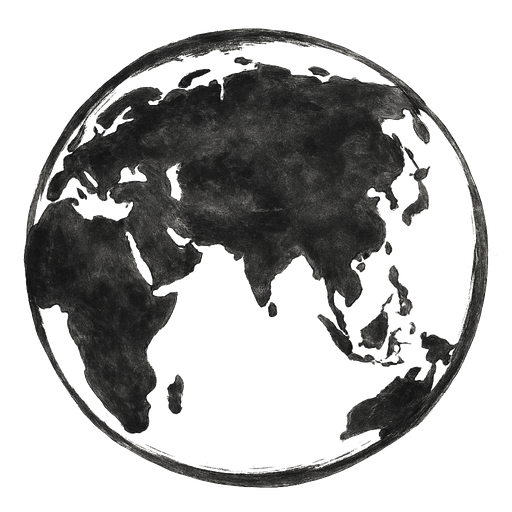 Die Welt Schwarze Weltkarte mit Fokus auf Asien und Europa.