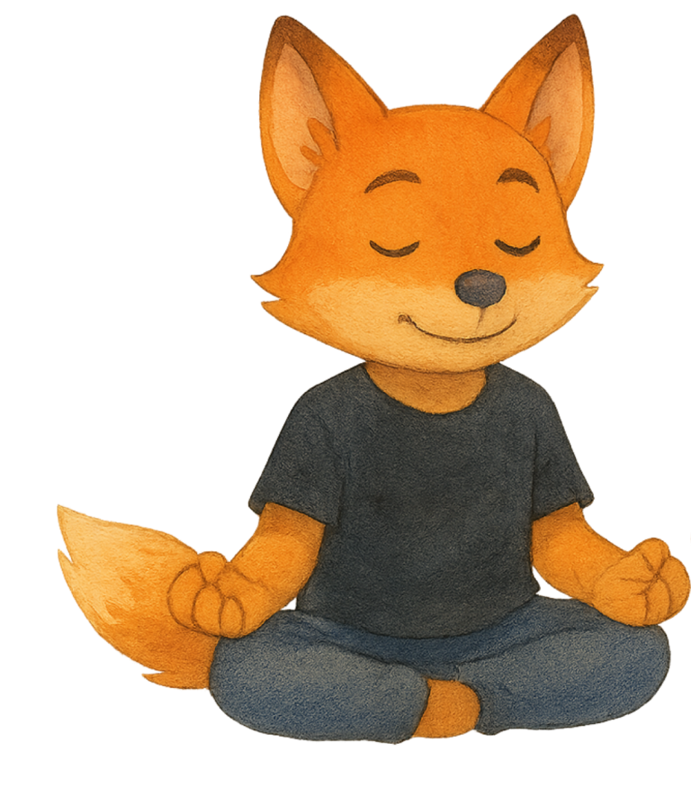 Tempel Fuchs Ein orangefarbener Fuchs, der im Schneidersitz meditiert, trägt ein schwarzes T-Shirt.