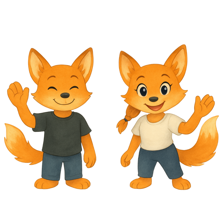 Begrüßung Zwei freundliche cartoonartige Füchse mit verschiedenen T-Shirts, die winken.