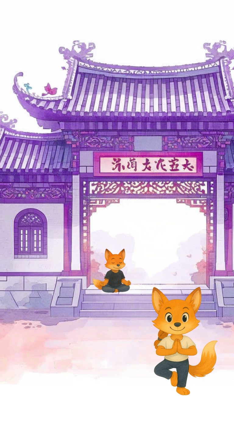 Tempelfüchse meditieren Feuerrote Katze in traditioneller Kleidung vor einem asiatischen Tor unter einem farbenfrohen Himmel.