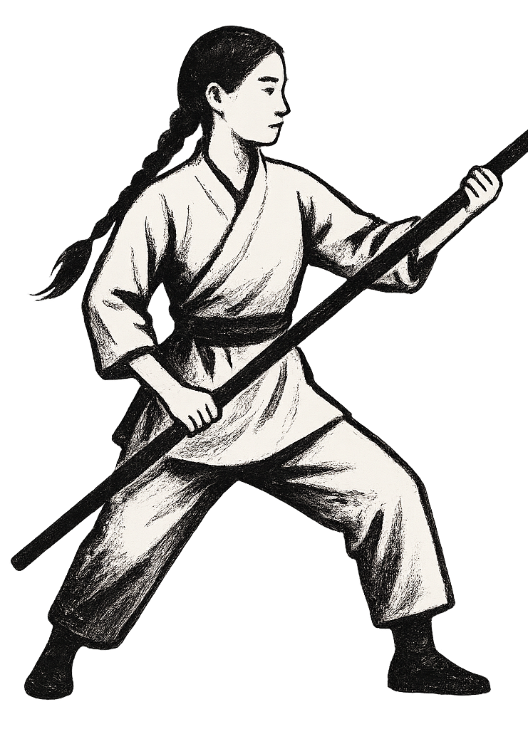 Yim Wing Chun Junge Kämpferin in traditioneller Kleidung mit einem Stock in der Kampfposition.