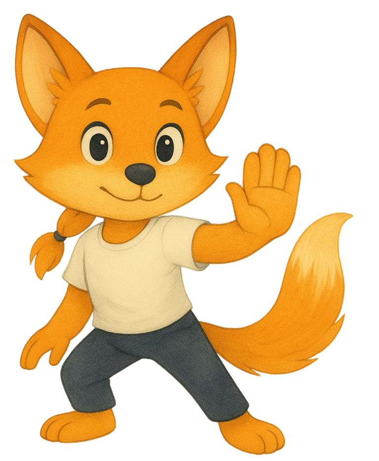 Tempelfuchs Ein orangefarbener, cartoonartiger Fuchs winkt freundlich und trägt ein T-Shirt und Jeans.
