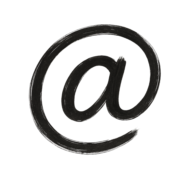 Kontakt Schwarzes, handgezeichnetes @-Symbol auf weißem Hintergrund.